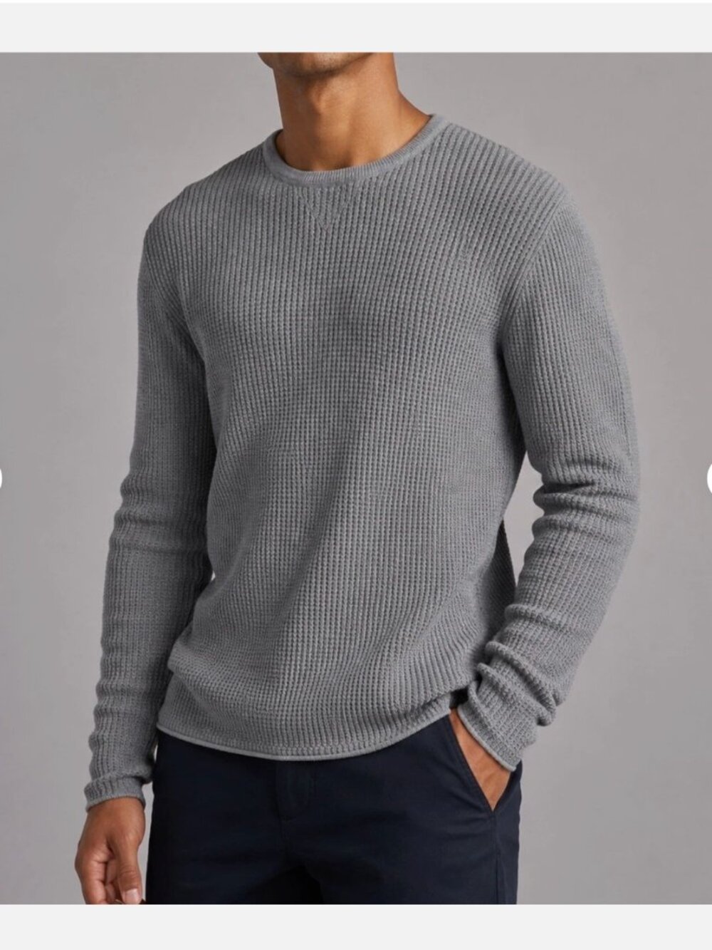 Billy Reid Mini Waffle Crew Gray Cotton Cashmere Thermal Sweater L Made in Italy